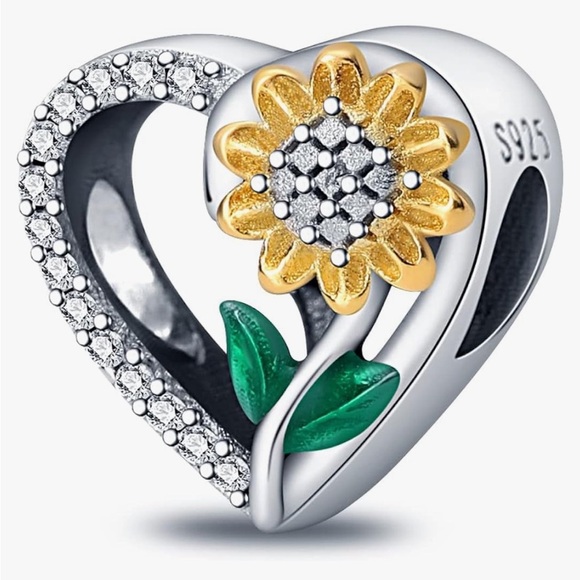 Sterling sunflower heart slide Pandora bracelet charm stamped 925 - Picture 1 of 1